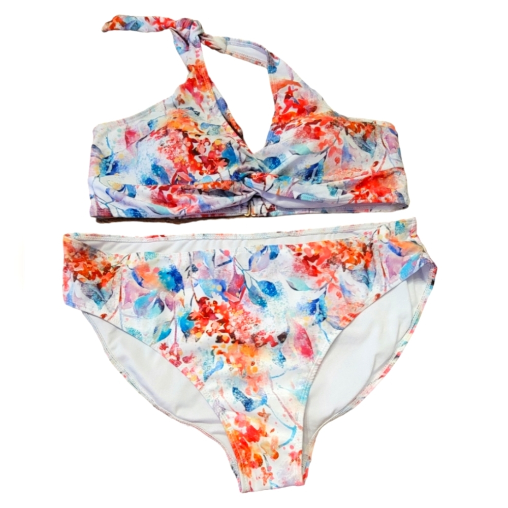 NWT Nicole Miller Bikini Tropical Floral 2-piece Halter Swimsuit Size XL